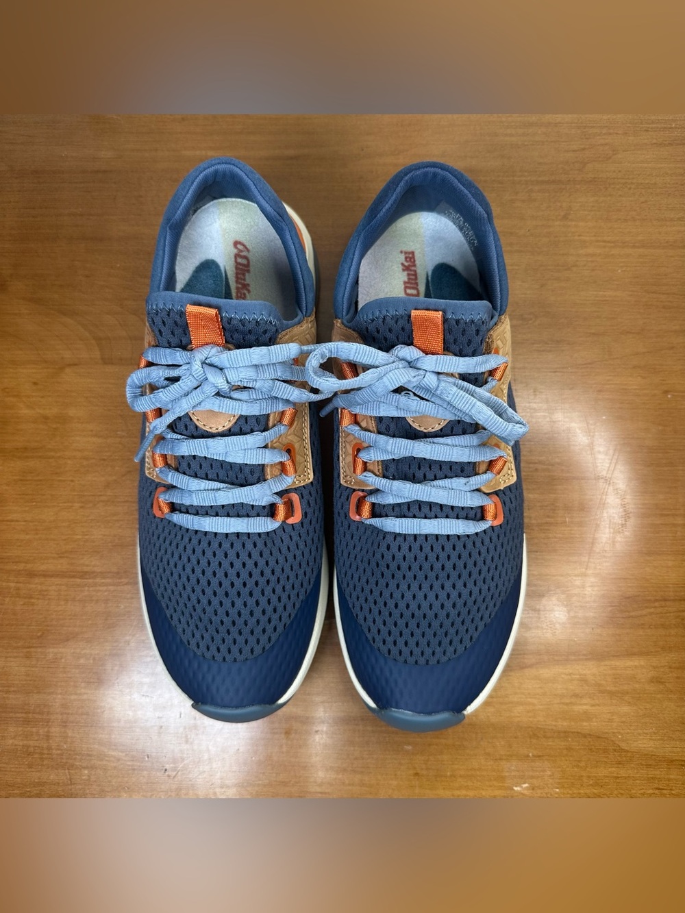 OluKai Women's Navy Blue and Tan Athletic Sneakers with Orange Accents - Picture 4 of 14